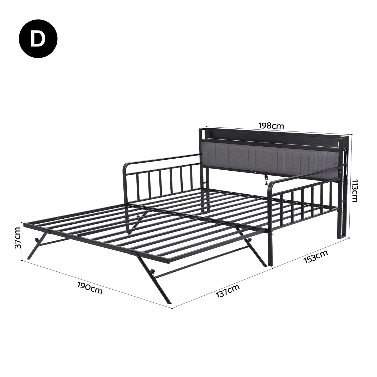 Artiss Bed Frame Double LED Metal Trundle Daybed with Charging Station TURN MBED-D-TURN-D-BK-ABC