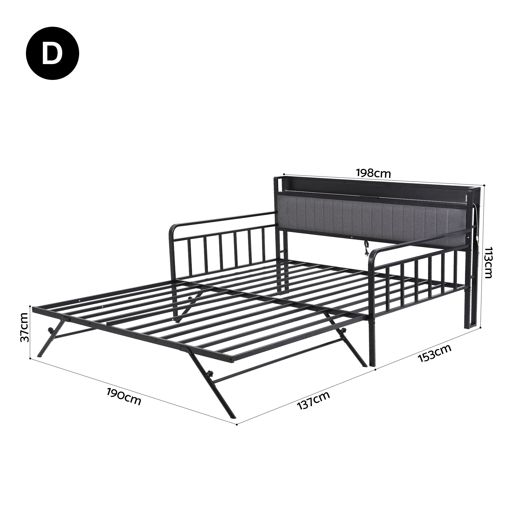 Artiss Bed Frame Double LED Metal Trundle Daybed with Charging Station TURN MBED-D-TURN-D-BK-ABC