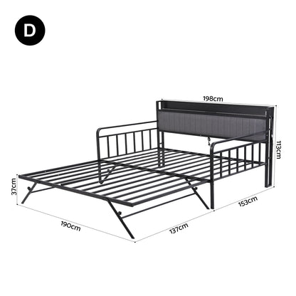 Artiss Bed Frame Double LED Metal Trundle Daybed with Charging Station TURN MBED-D-TURN-D-BK-ABC