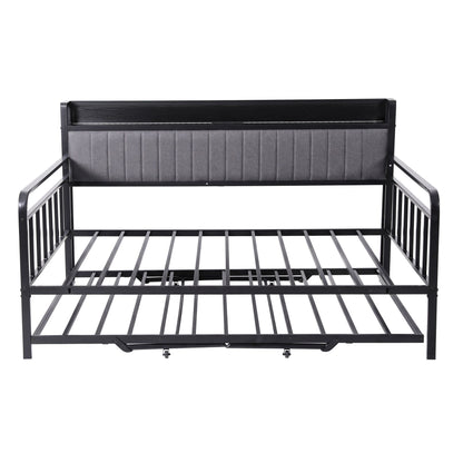 Artiss Bed Frame Double LED Metal Trundle Daybed with Charging Station TURN MBED-D-TURN-D-BK-ABC