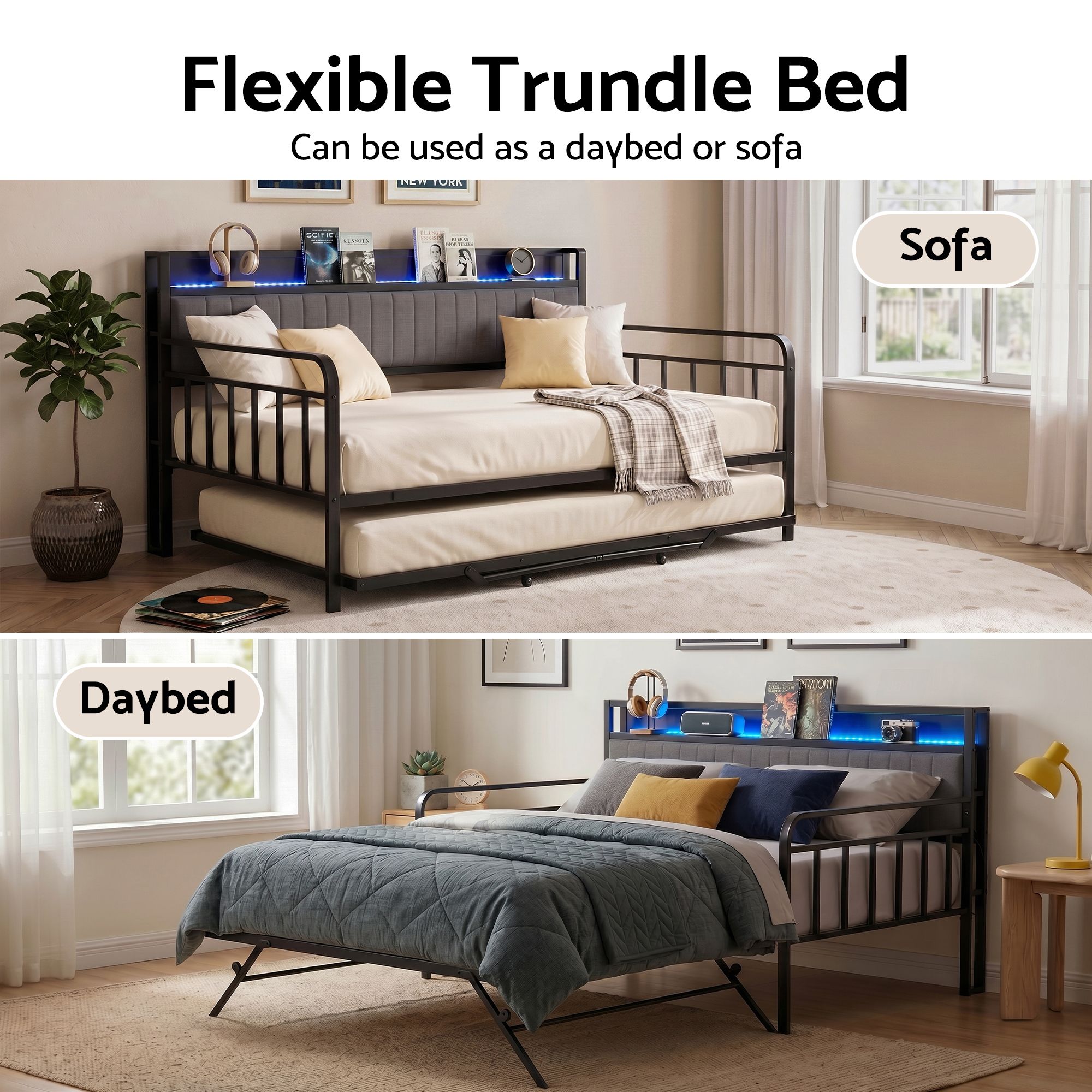 Artiss Bed Frame Double LED Metal Trundle Daybed with Charging Station TURN MBED-D-TURN-D-BK-ABC