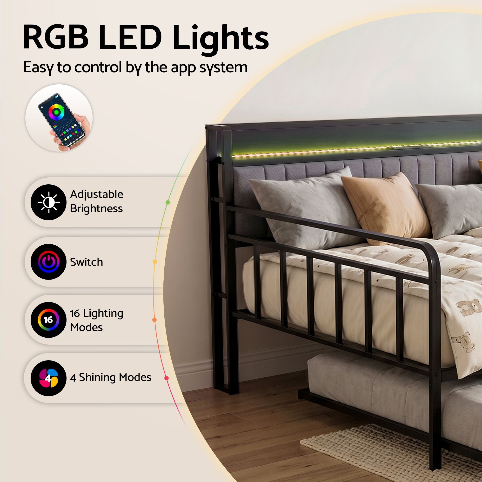 Artiss Bed Frame Double LED Metal Trundle Daybed with Charging Station TURN MBED-D-TURN-D-BK-ABC