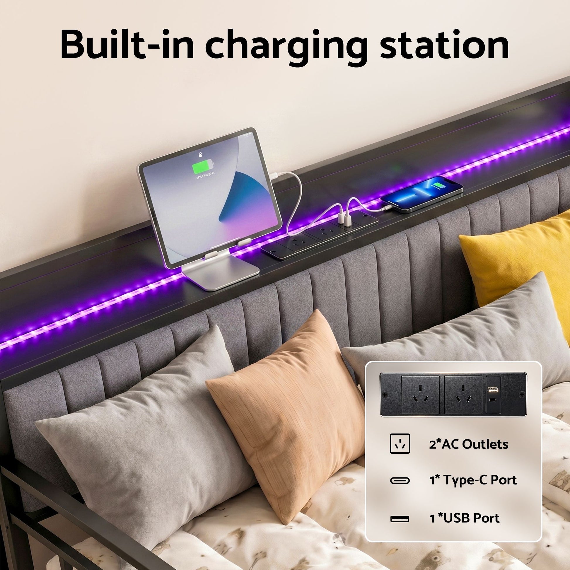Artiss Bed Frame Double LED Metal Trundle Daybed with Charging Station TURN MBED-D-TURN-D-BK-ABC