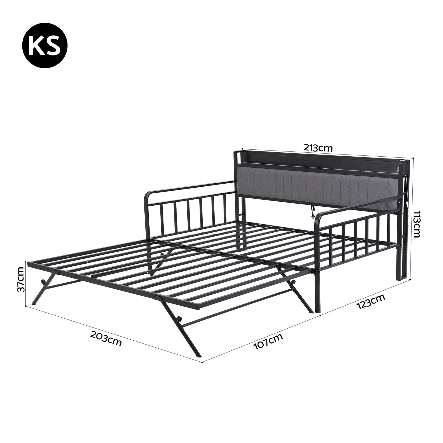 Artiss Bed Frame King Single LED Metal Trundle Daybed with Charging Station TURN MBED-D-TURN-KS-BK-ABC