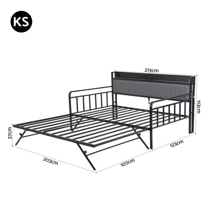 Artiss Bed Frame King Single LED Metal Trundle Daybed with Charging Station TURN MBED-D-TURN-KS-BK-ABC