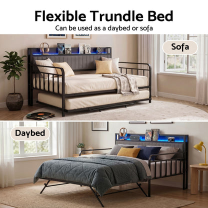 Artiss Bed Frame King Single LED Metal Trundle Daybed with Charging Station TURN MBED-D-TURN-KS-BK-ABC