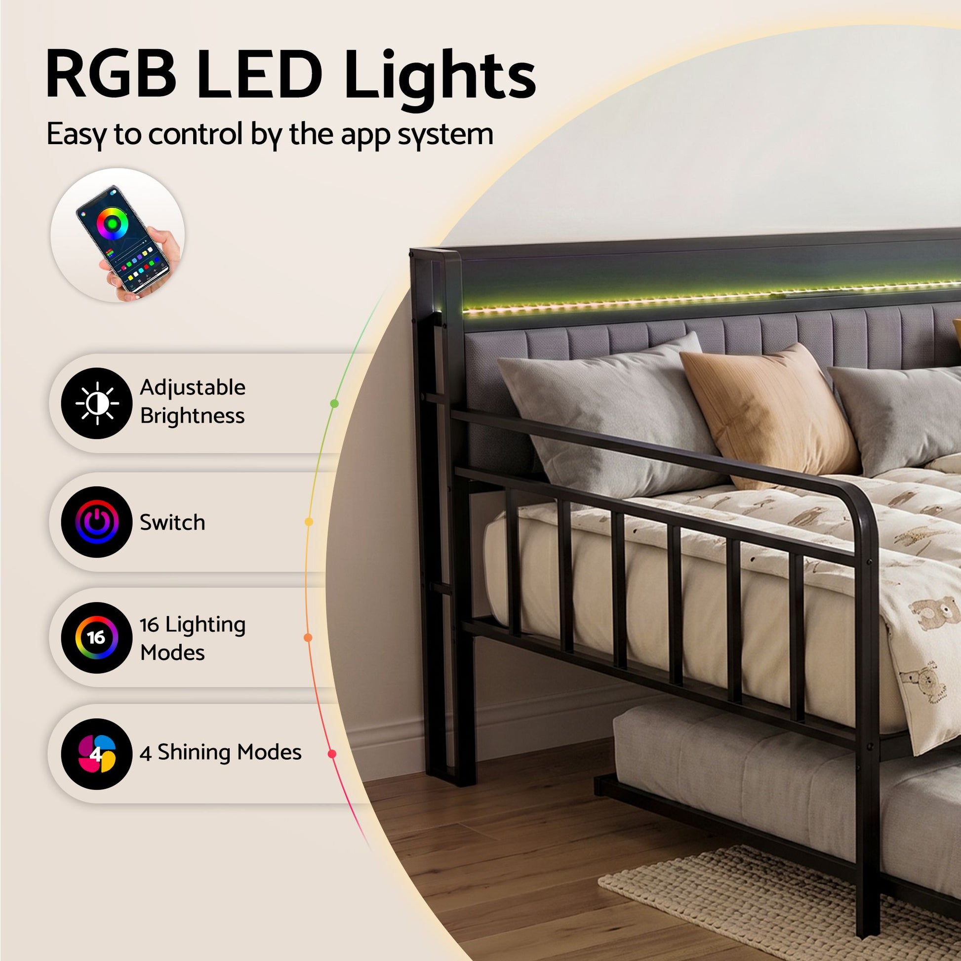 Artiss Bed Frame King Single LED Metal Trundle Daybed with Charging Station TURN MBED-D-TURN-KS-BK-ABC