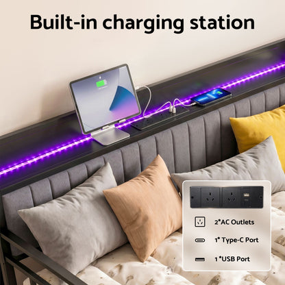 Artiss Bed Frame King Single LED Metal Trundle Daybed with Charging Station TURN MBED-D-TURN-KS-BK-ABC
