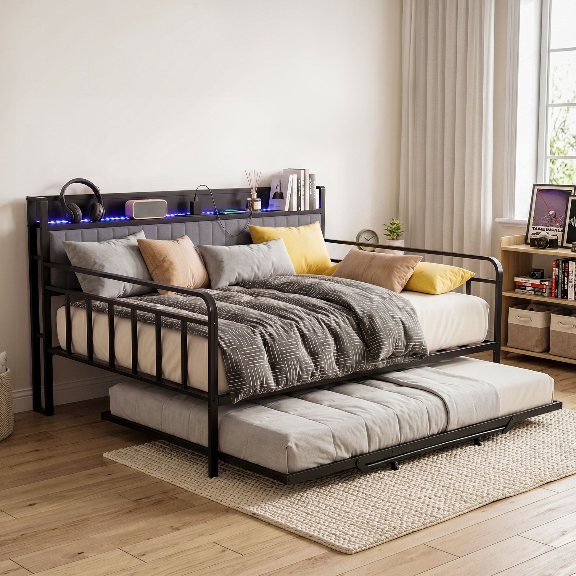 Artiss Bed Frame King Single LED Metal Trundle Daybed with Charging Station TURN MBED-D-TURN-KS-BK-ABC