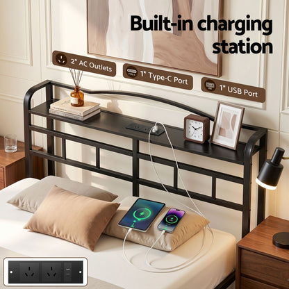 Artiss Bed Frame Double Size with Charging Station WAVE MBED-D-WAVE-D-BK-AB