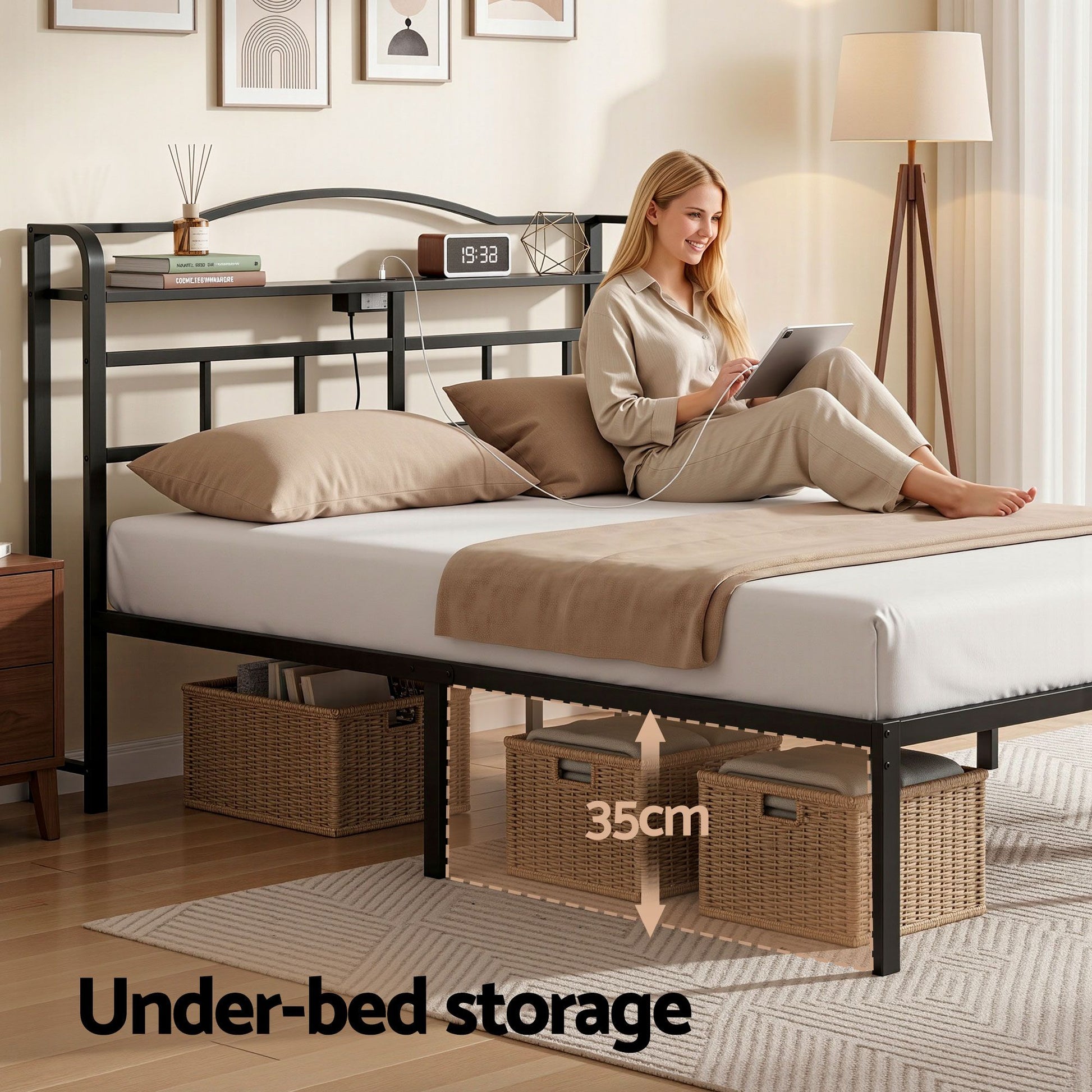 Artiss Bed Frame Queen Size with Charging Station WAVE MBED-D-WAVE-Q-BK-AB