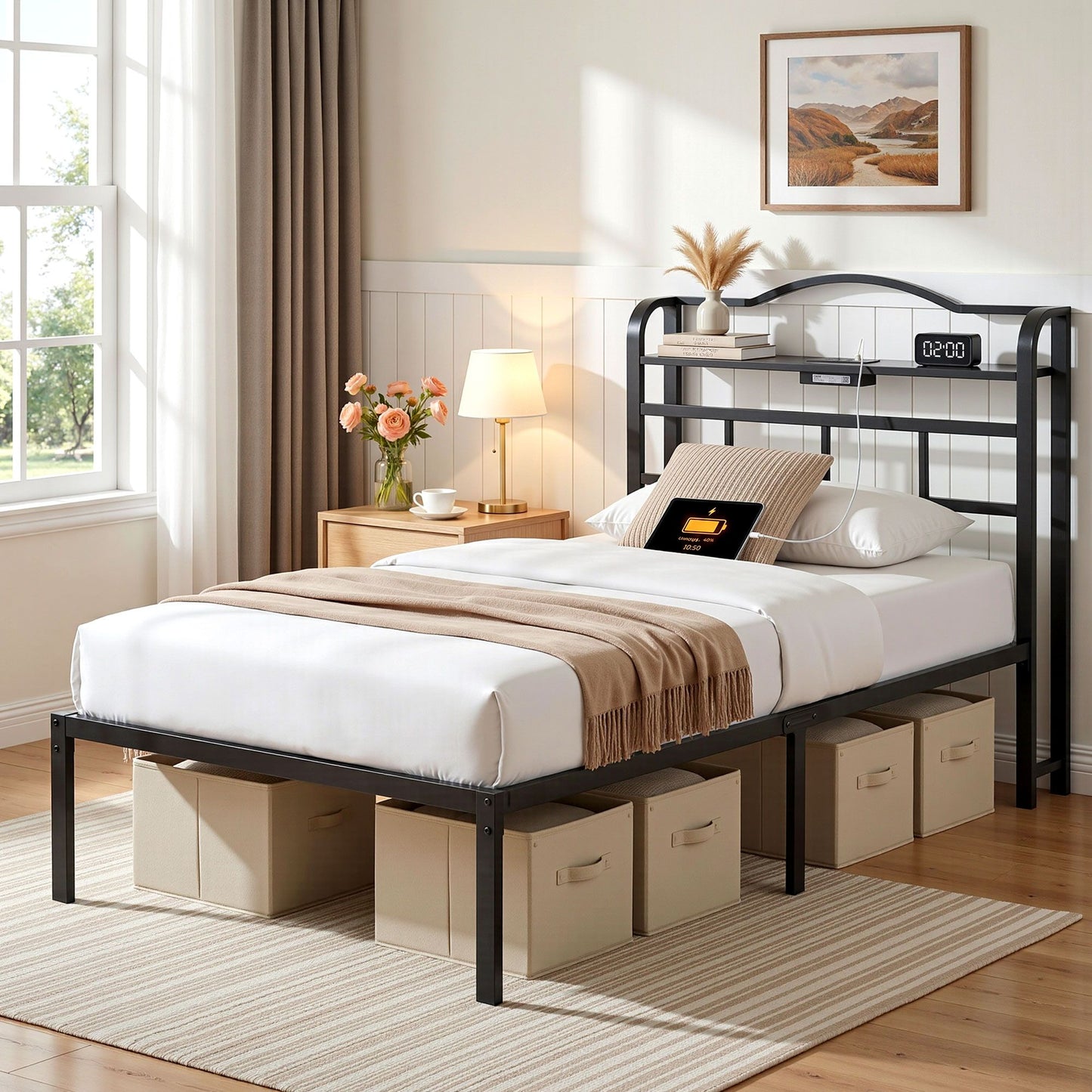 Artiss Bed Frame Single Size with Charging Station WAVE MBED-D-WAVE-S-BK