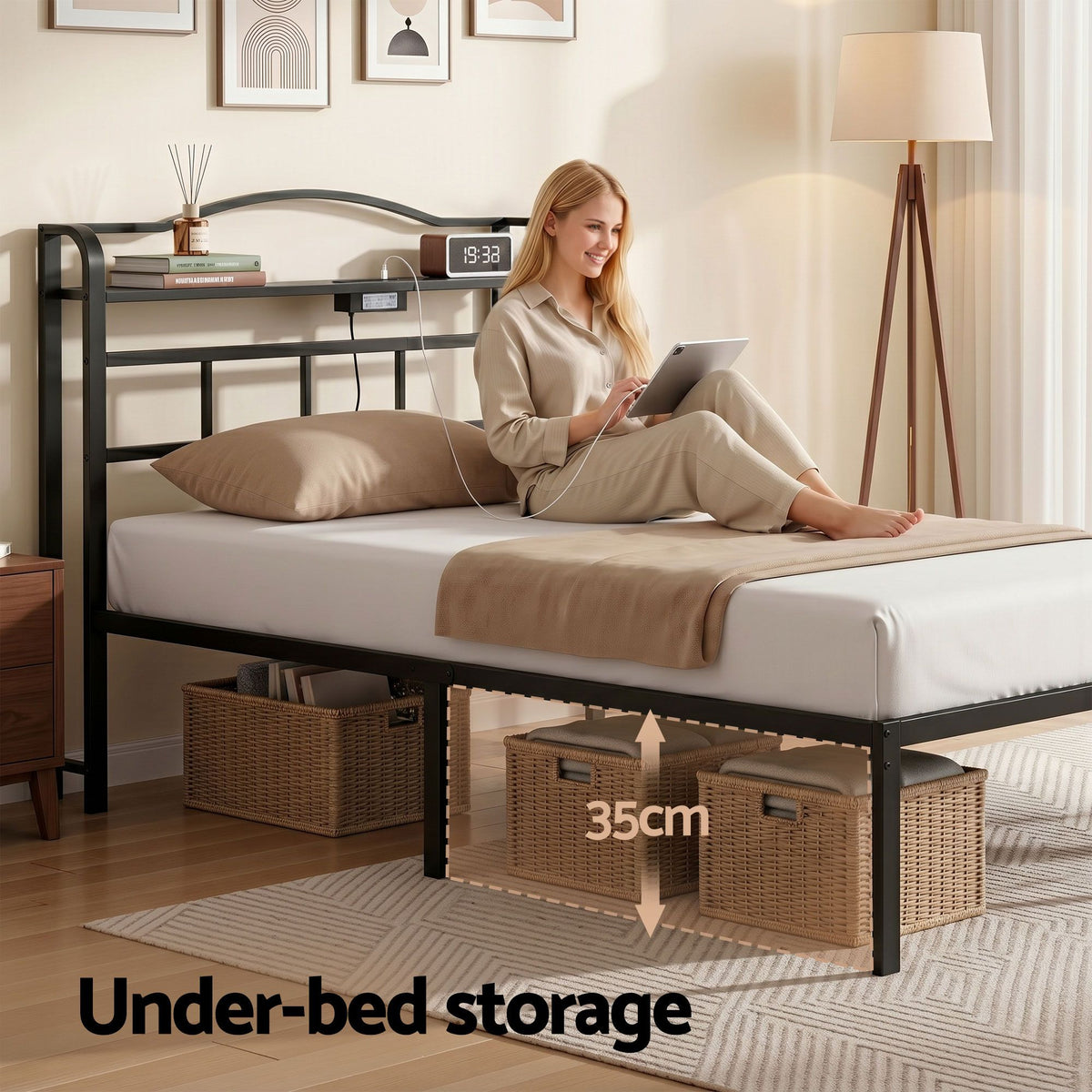 Artiss Bed Frame Single Size with Charging Station WAVE