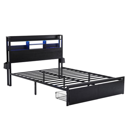 Artiss Bed Frame Double with Charging Station Storage Organizer Drawers LED ZAC MBED-D-ZAC-D-BK-AB