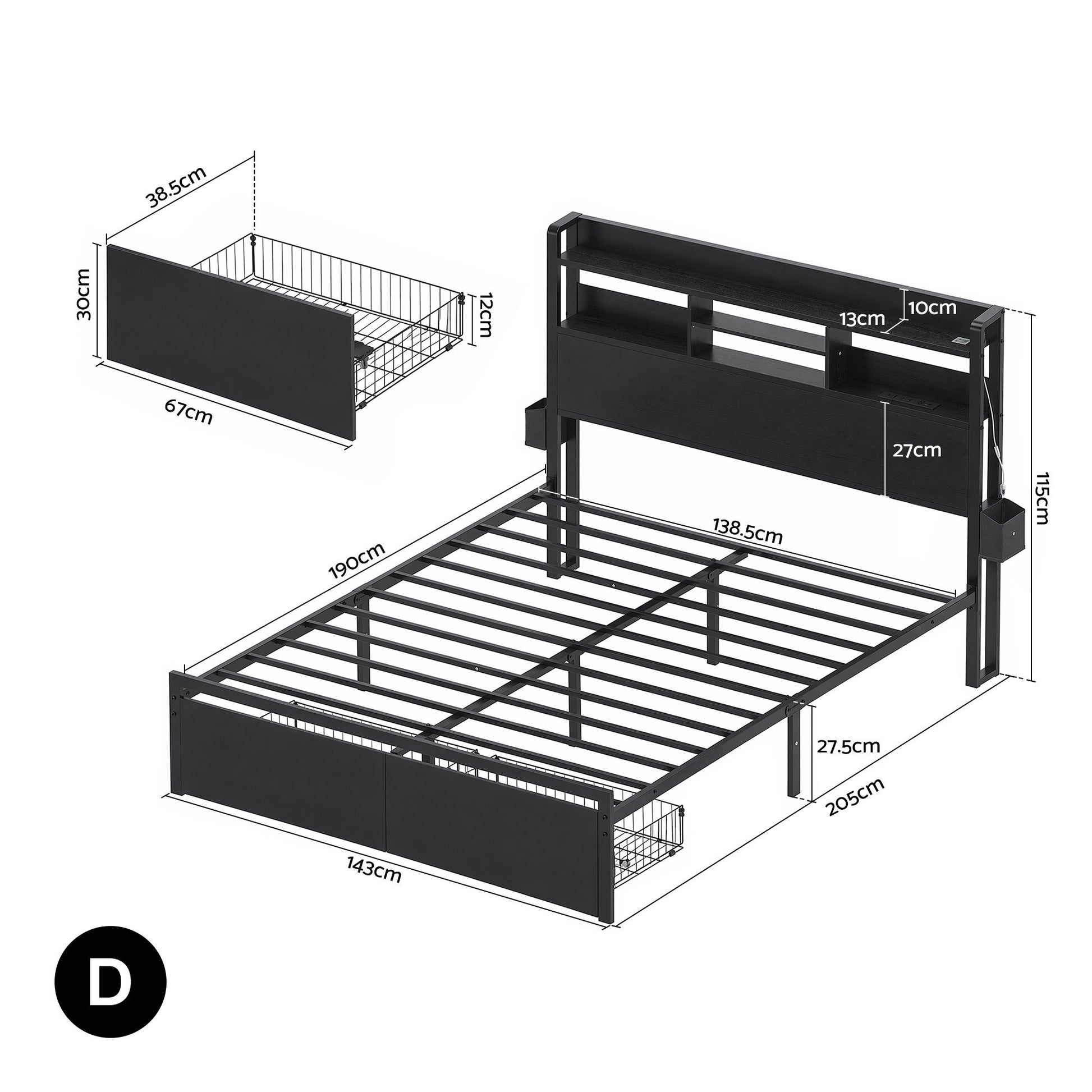 Artiss Bed Frame Double with Charging Station Storage Organizer Drawers LED ZAC MBED-D-ZAC-D-BK-AB