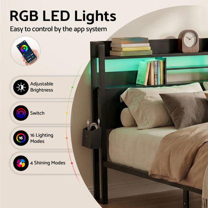 Artiss Bed Frame Double with Charging Station Storage Organizer Drawers LED ZAC MBED-D-ZAC-D-BK-AB
