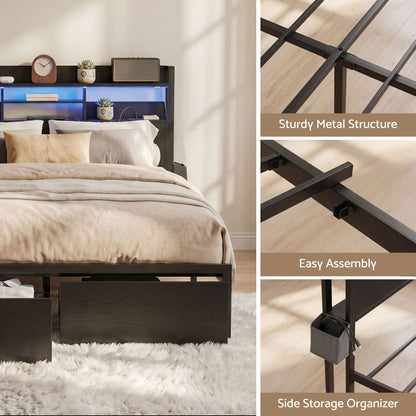 Artiss Bed Frame Double with Charging Station Storage Organizer Drawers LED ZAC MBED-D-ZAC-D-BK-AB