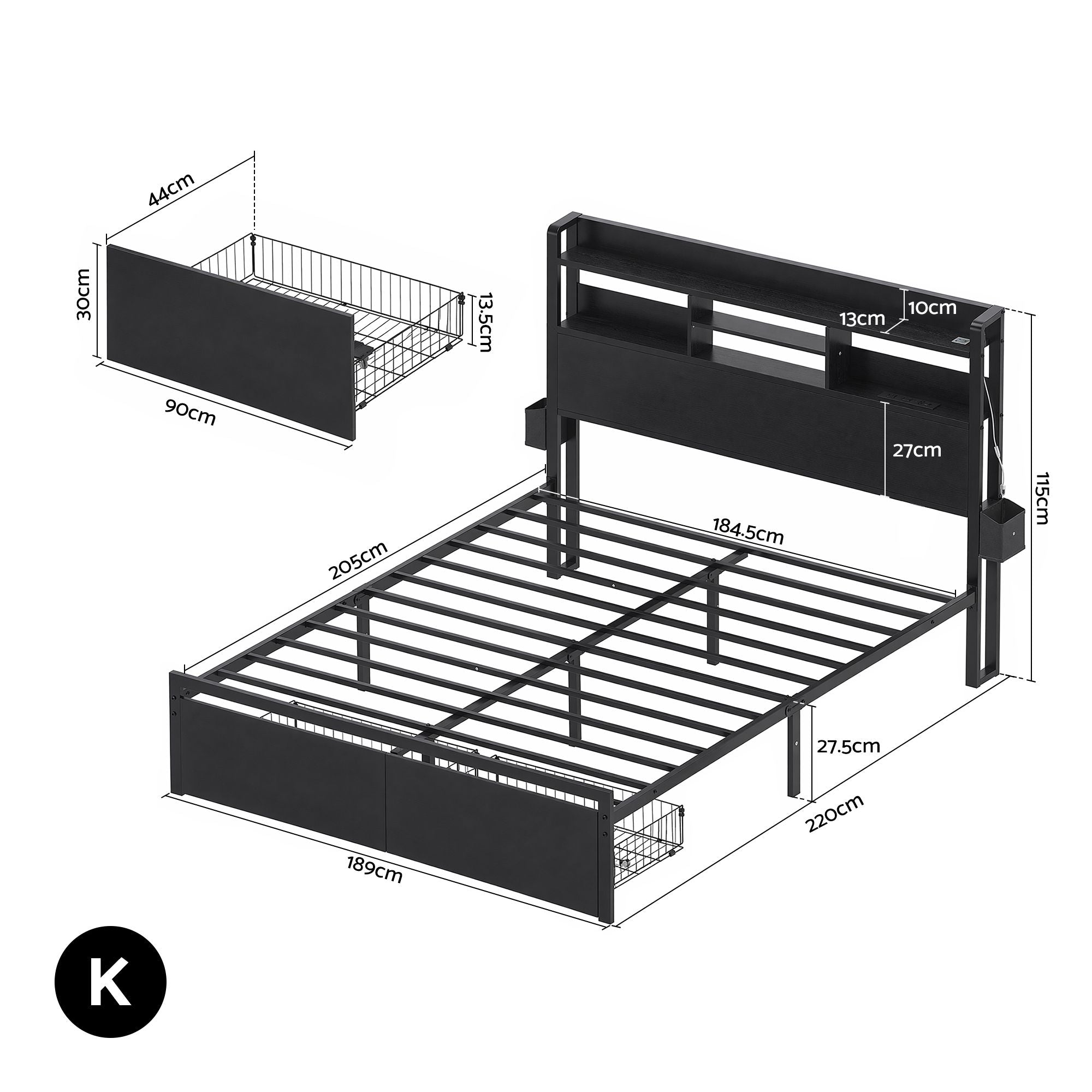 Artiss Bed Frame King with Charging Station Storage Organizer Drawers LED ZAC MBED-D-ZAC-K-BK-AB