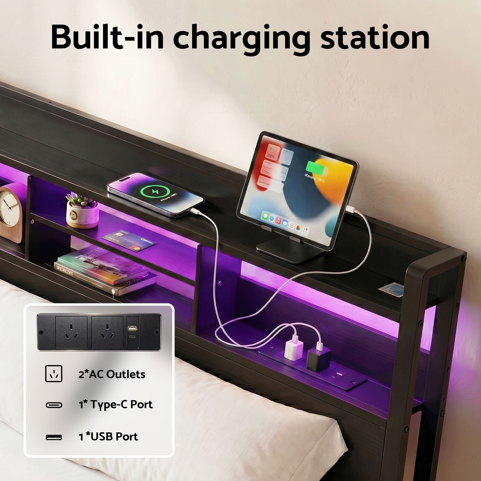 Artiss Bed Frame King with Charging Station Storage Organizer Drawers LED ZAC MBED-D-ZAC-K-BK-AB