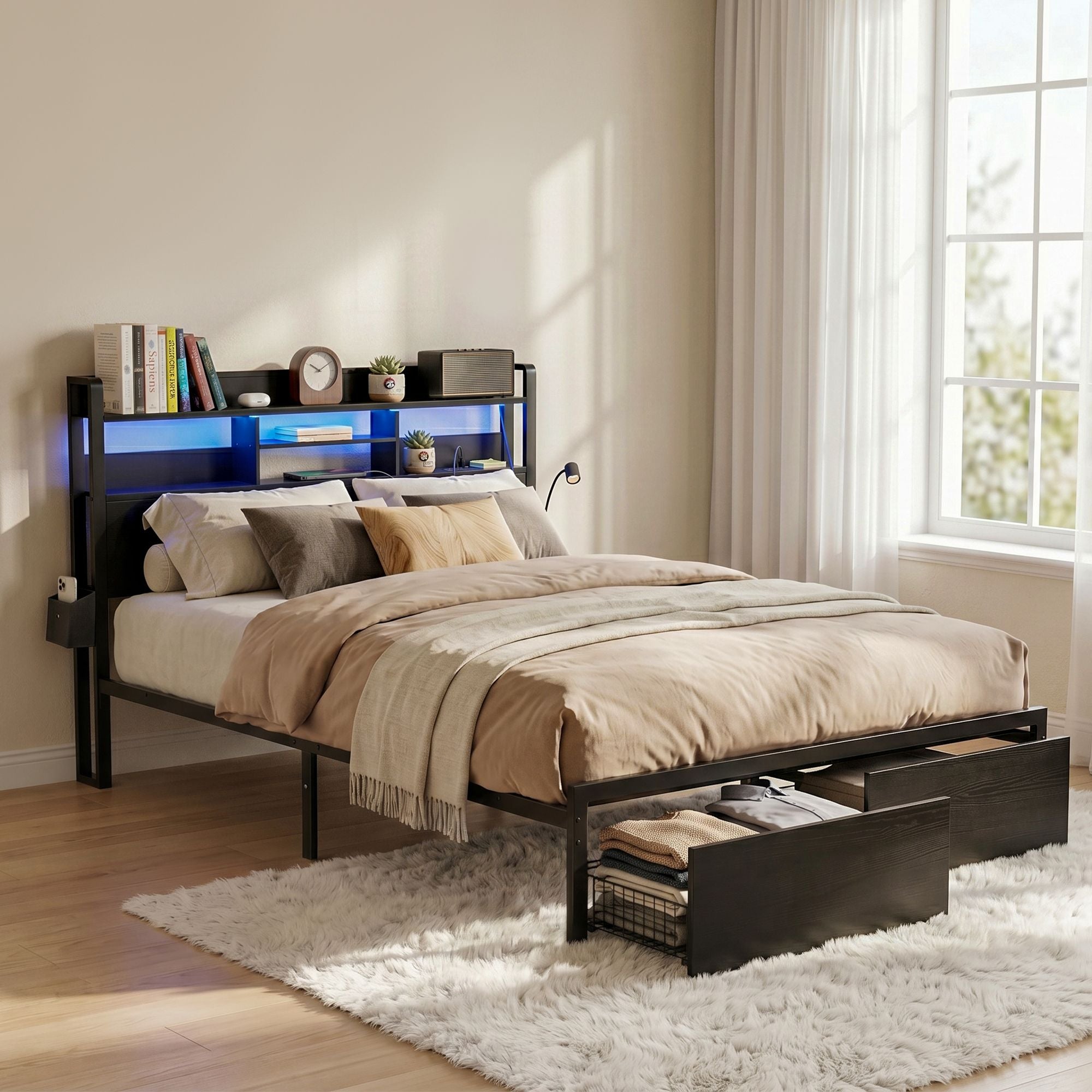 Artiss Bed Frame Queen with Charging Station Storage Organizer Drawers LED ZAC MBED-D-ZAC-Q-BK-AB