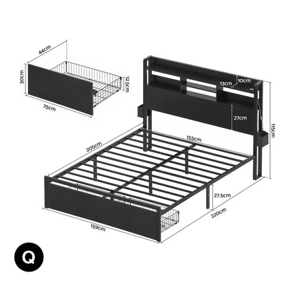 Artiss Bed Frame Queen with Charging Station Storage Organizer Drawers LED ZAC MBED-D-ZAC-Q-BK-AB