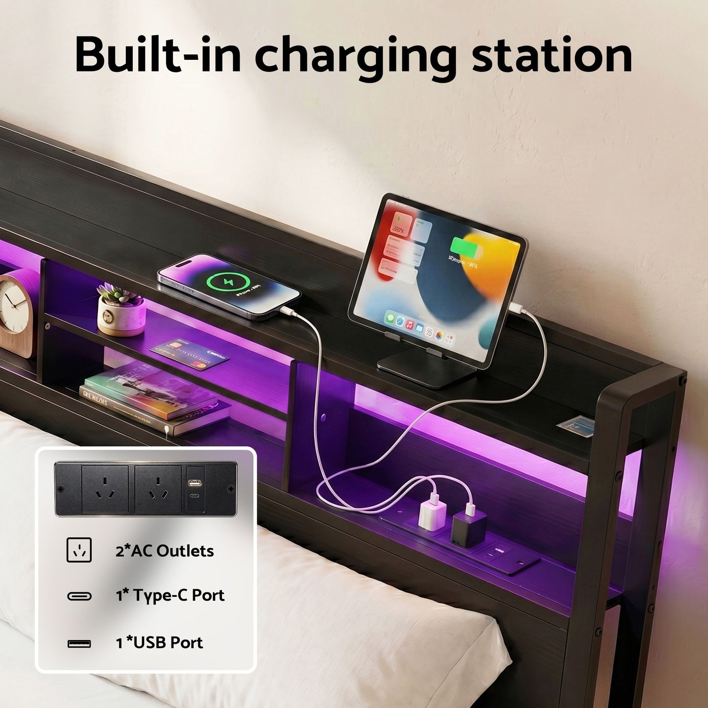 Artiss Bed Frame Queen with Charging Station Storage Organizer Drawers LED ZAC MBED-D-ZAC-Q-BK-AB