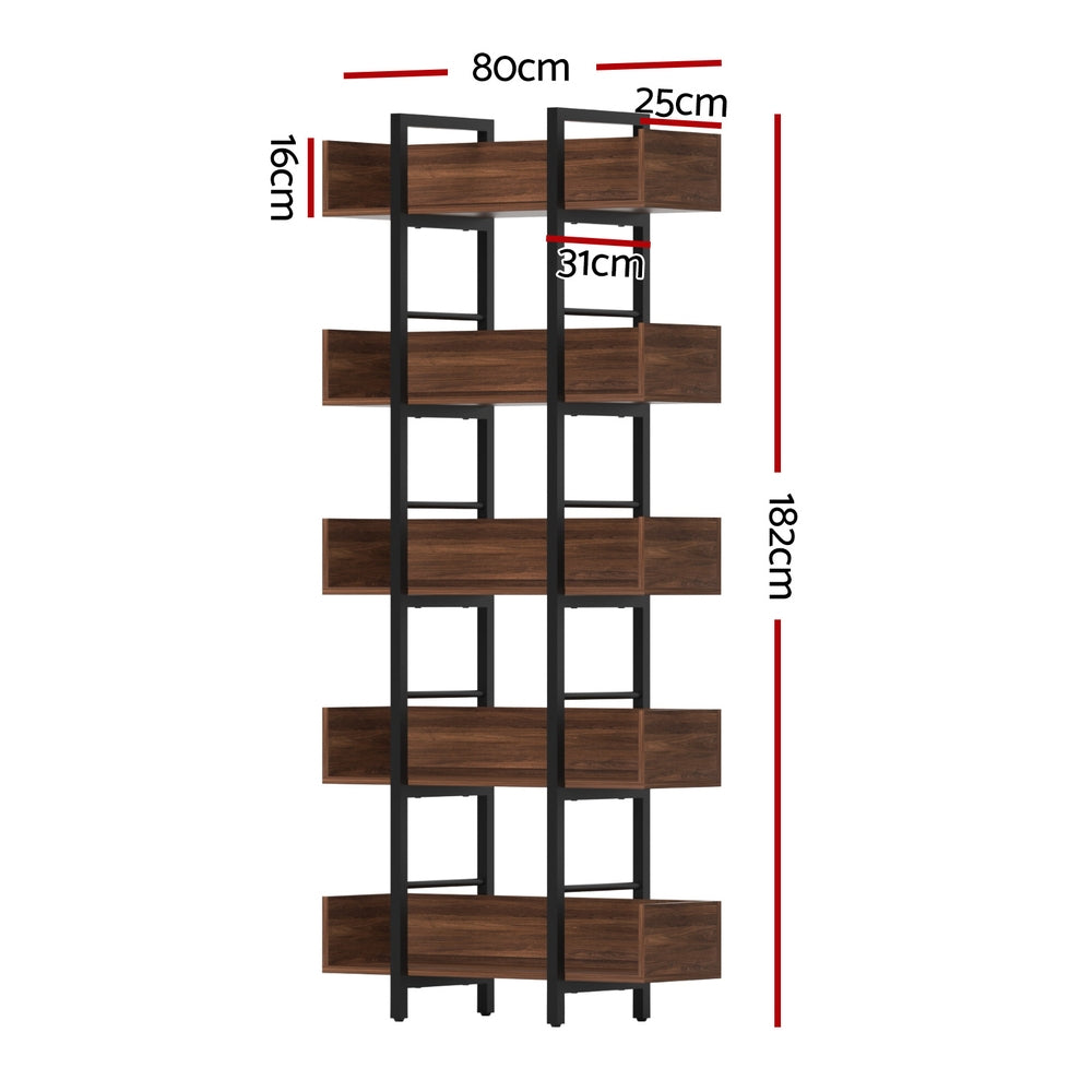 Artiss Bookshelf 5-Tier Bookcase Display Shelves Metal Storage Stand Rack Walnut MET-BSHELF-01-WAL
