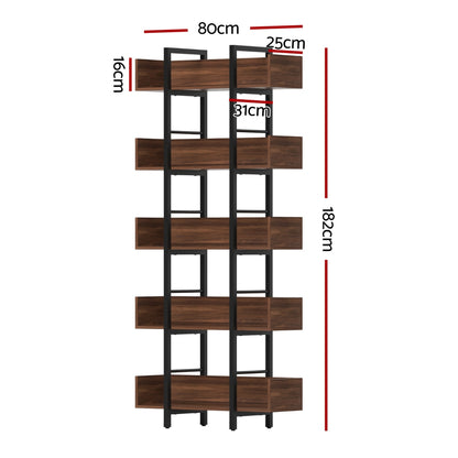 Artiss Bookshelf 5-Tier Bookcase Display Shelves Metal Storage Stand Rack Walnut MET-BSHELF-01-WAL