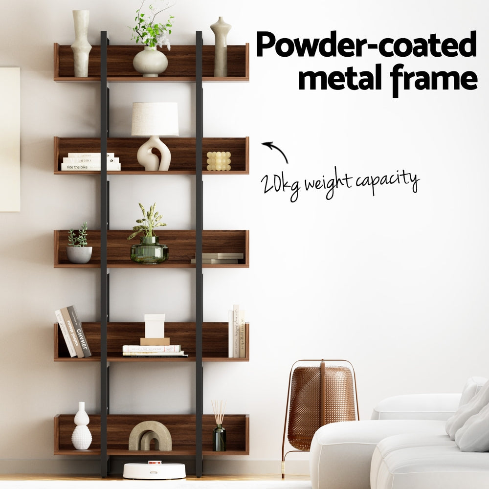 Artiss Bookshelf 5-Tier Bookcase Display Shelves Metal Storage Stand Rack Walnut MET-BSHELF-01-WAL