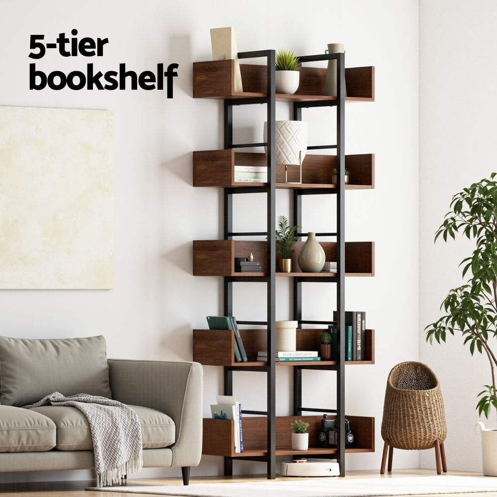 Artiss Bookshelf 5-Tier Bookcase Display Shelves Metal Storage Stand Rack Walnut MET-BSHELF-01-WAL