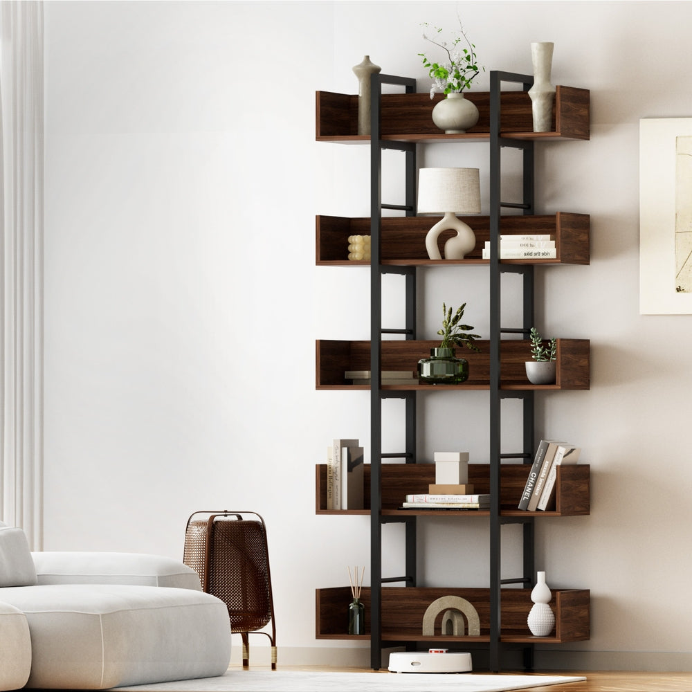 Artiss Bookshelf 5-Tier Bookcase Display Shelves Metal Storage Stand Rack Walnut MET-BSHELF-01-WAL