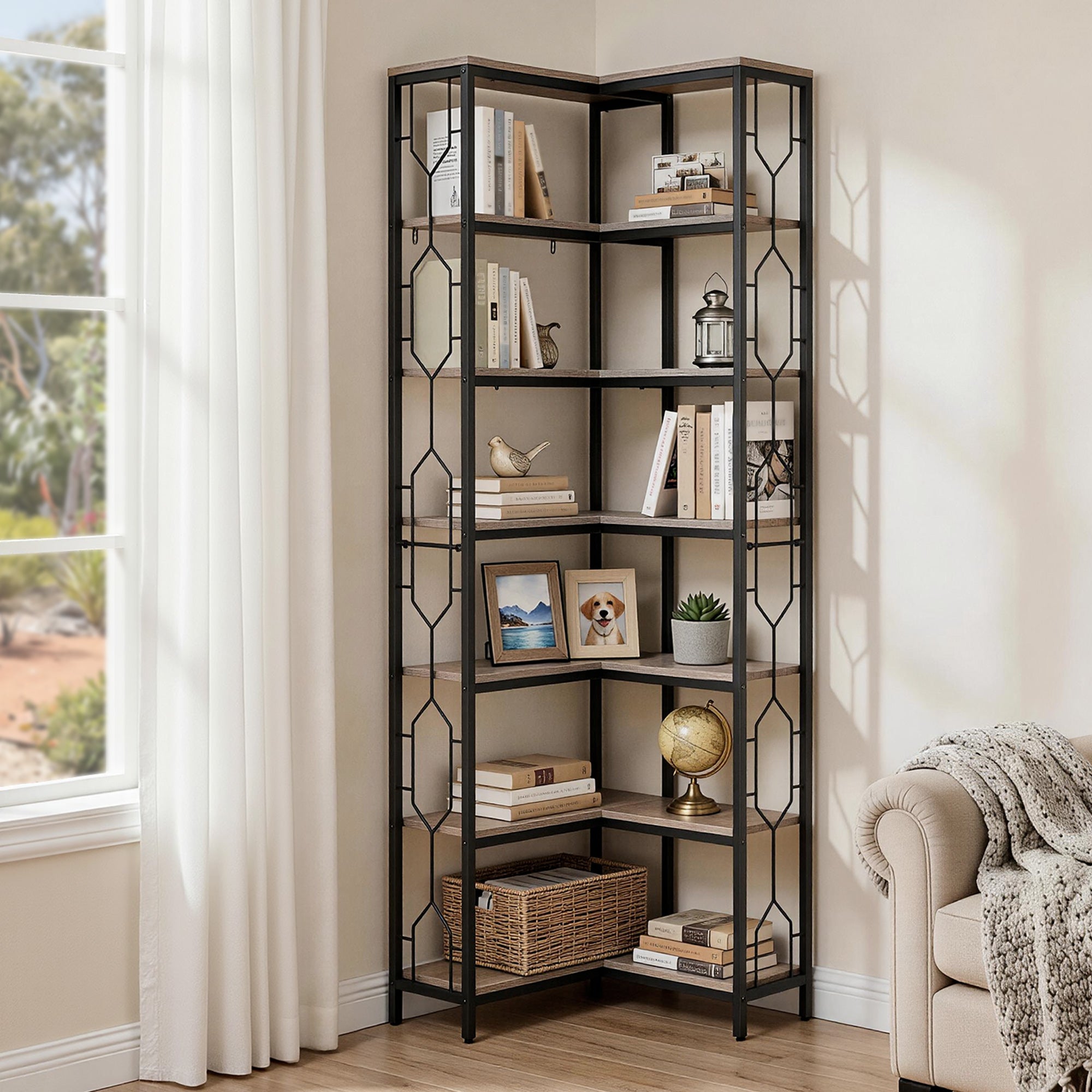 Artiss 6 Tiers Bookshelf Corner Shelf Bookcase Display Shelves Oak MET-BSHELF-LS-WD