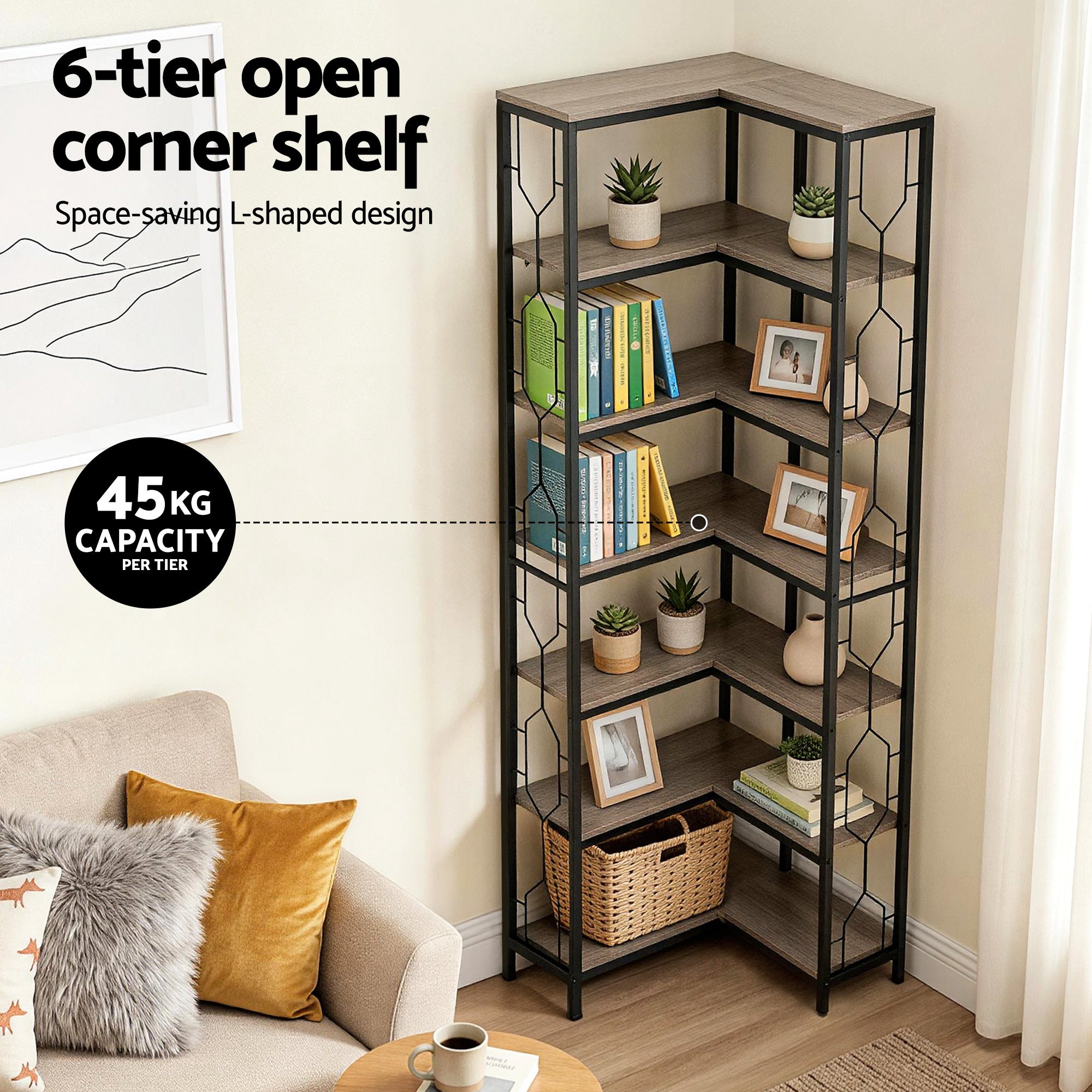 Artiss 6 Tiers Bookshelf Corner Shelf Bookcase Display Shelves Oak MET-BSHELF-LS-WD