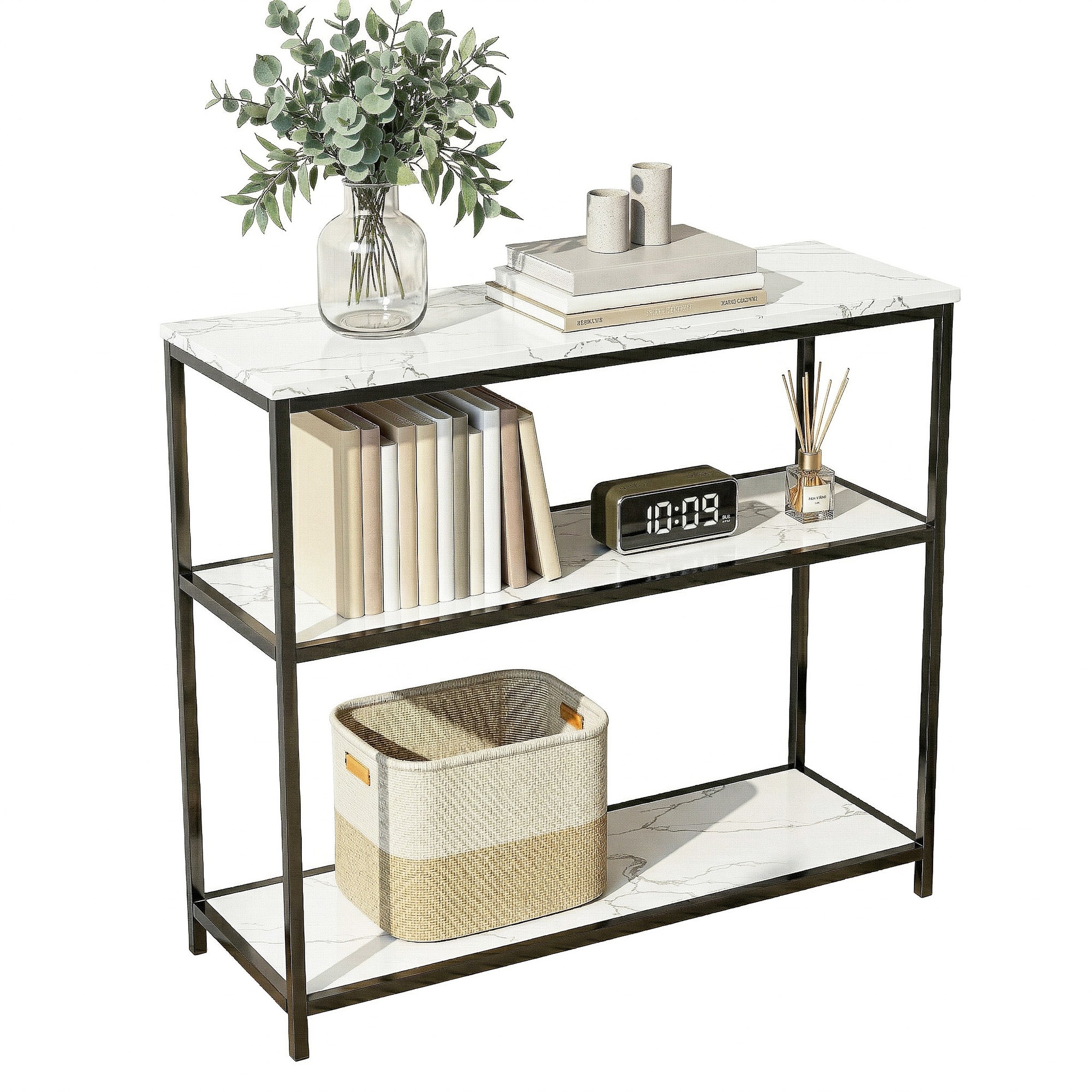 Artiss Console Table Marble Effect 3-Tier Sofa Entryway Side Table 90CM White MET-CST-04-MBWH