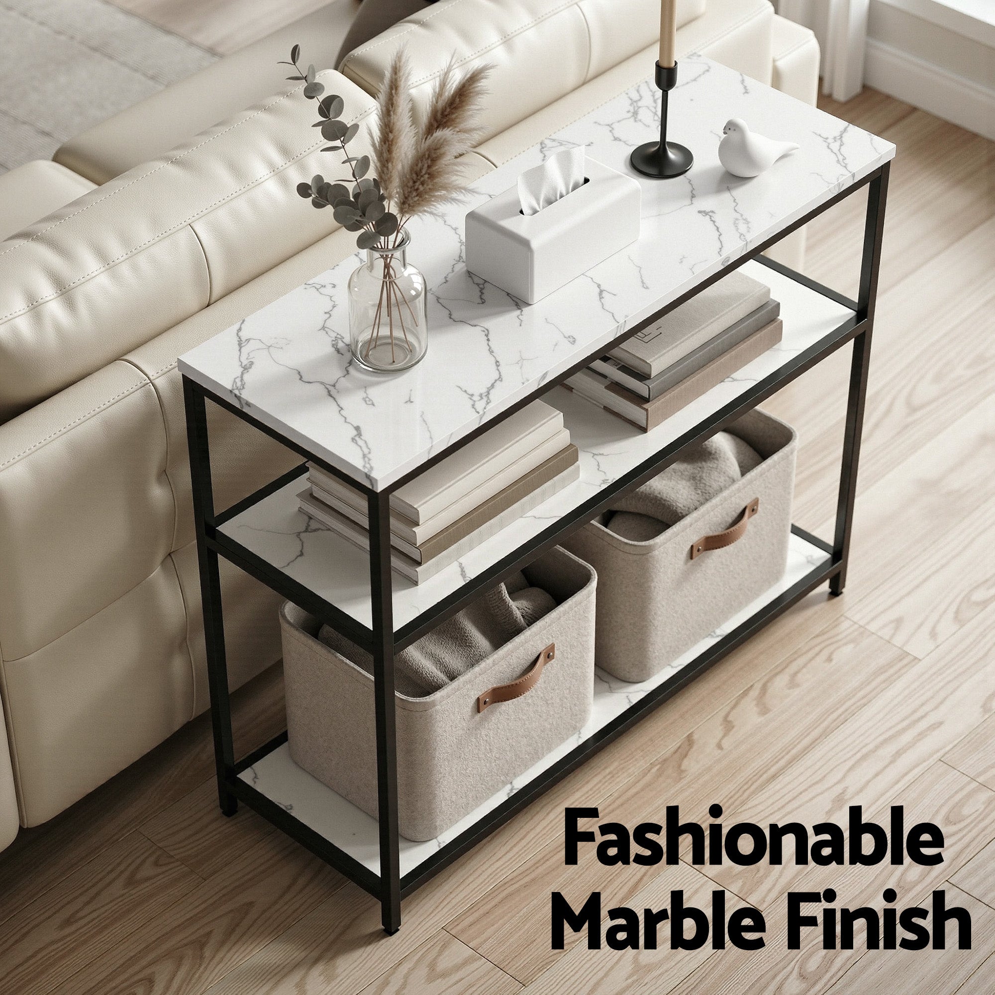 Artiss Console Table Marble Effect 3-Tier Sofa Entryway Side Table 90CM White MET-CST-04-MBWH