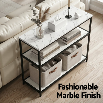 Artiss Console Table Marble Effect 3-Tier Sofa Entryway Side Table 90CM White MET-CST-04-MBWH
