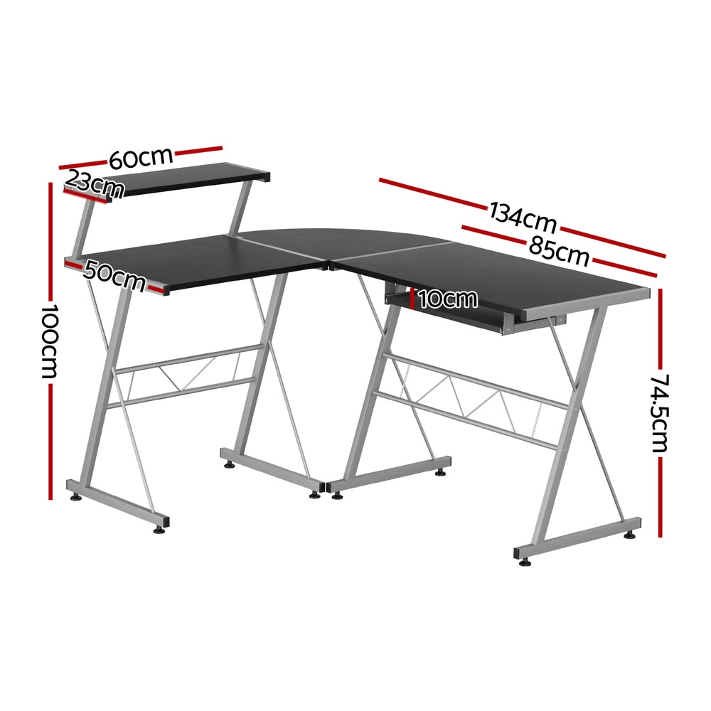 Artiss Computer Desk L-Shape Keyboard Tray Shelf Black MET-DESK-117-BK