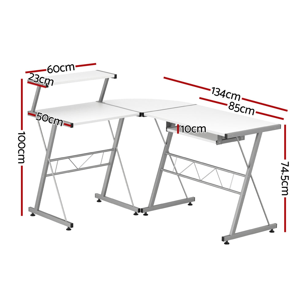 Artiss Computer Desk L-Shape Keyboard Tray Shelf White MET-DESK-117-WH