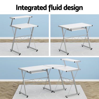 Artiss Computer Desk L-Shape Keyboard Tray Shelf White MET-DESK-117-WH