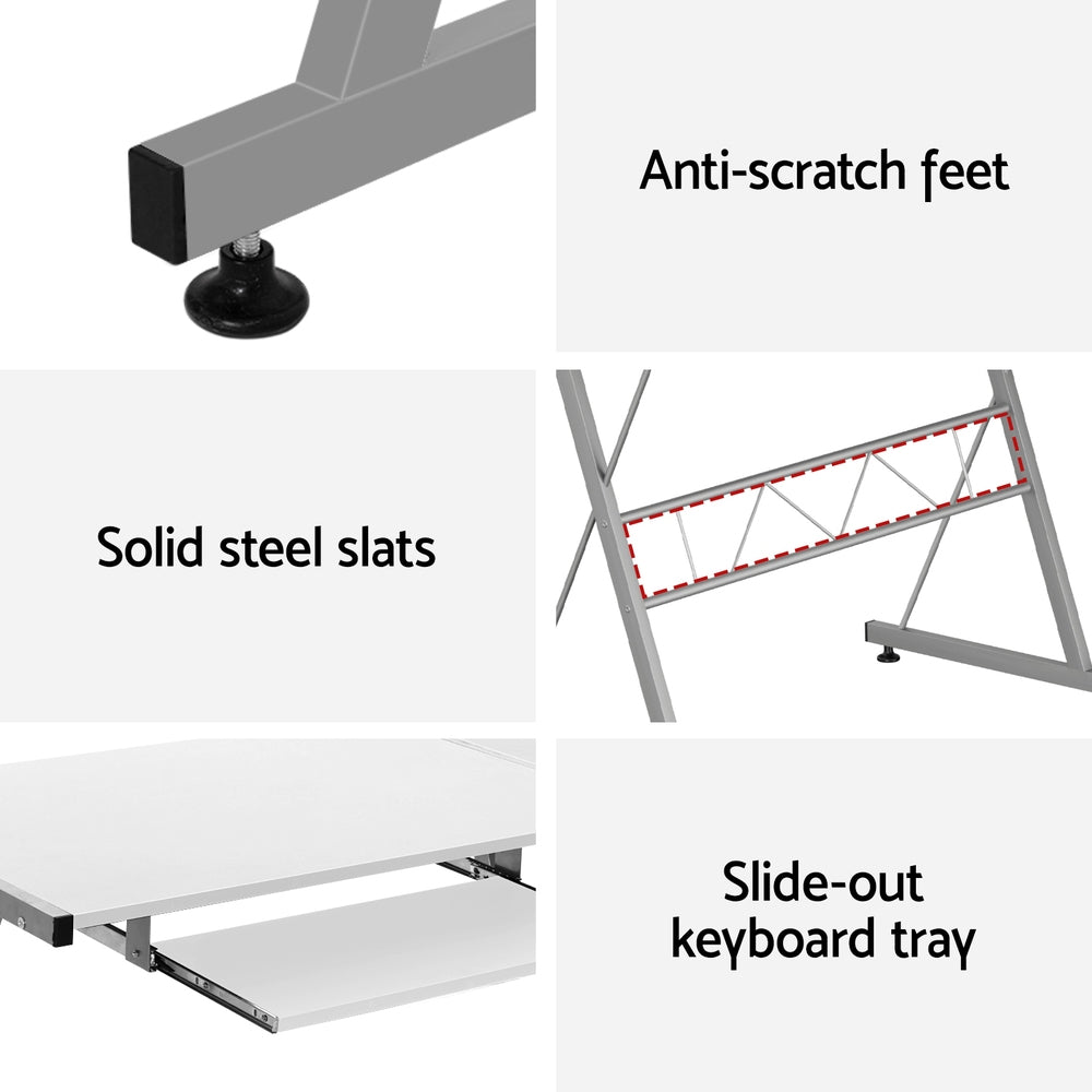 Artiss Computer Desk L-Shape Keyboard Tray Shelf White MET-DESK-117-WH