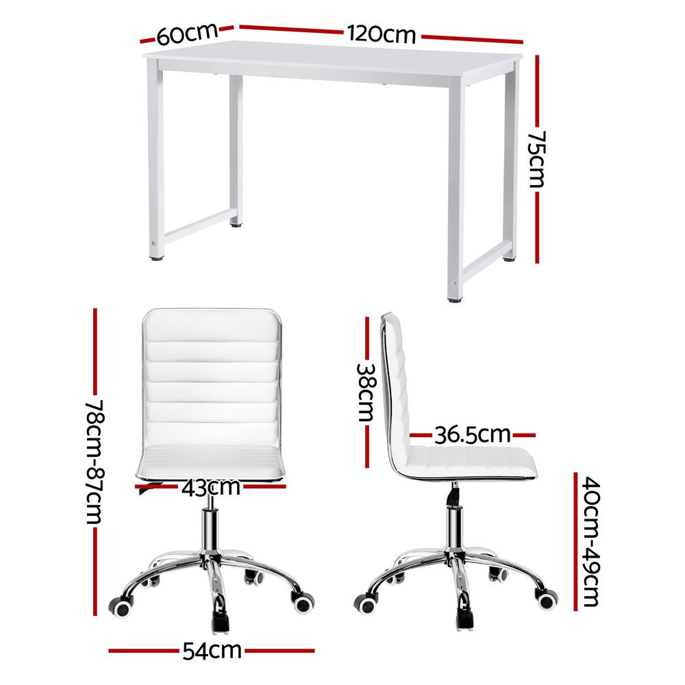 Artiss Computer Desk 120cm Executive Office Chairs Set PU Leather Low Back White MET-DESK-120-REPL-WH