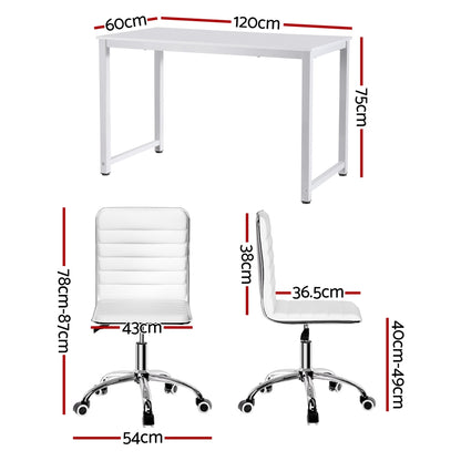 Artiss Computer Desk 120cm Executive Office Chairs Set PU Leather Low Back White MET-DESK-120-REPL-WH