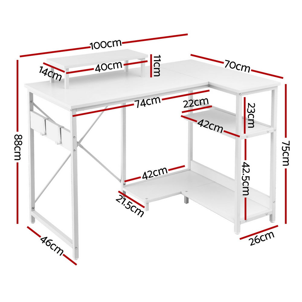 Artiss Computer Desk L-Shape Home Office Study Table Open Shelves White 100CM MET-DESK-24224-100-WH
