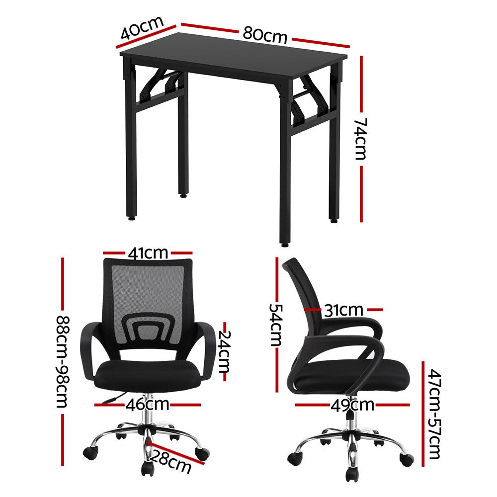 Artiss Computer Desk Mesh Office Chair Set Foldable Home Study Table Black MET-DESK-FD-80-2004-BK