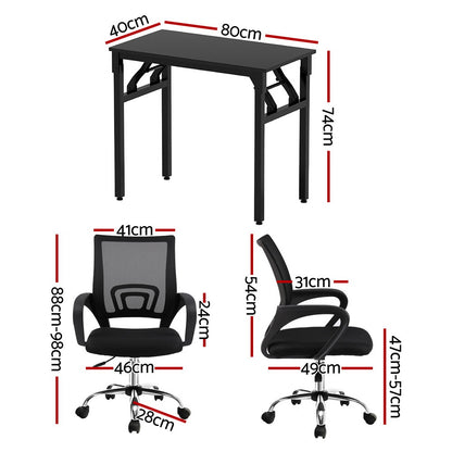 Artiss Computer Desk Mesh Office Chair Set Foldable Home Study Table Black MET-DESK-FD-80-2004-BK