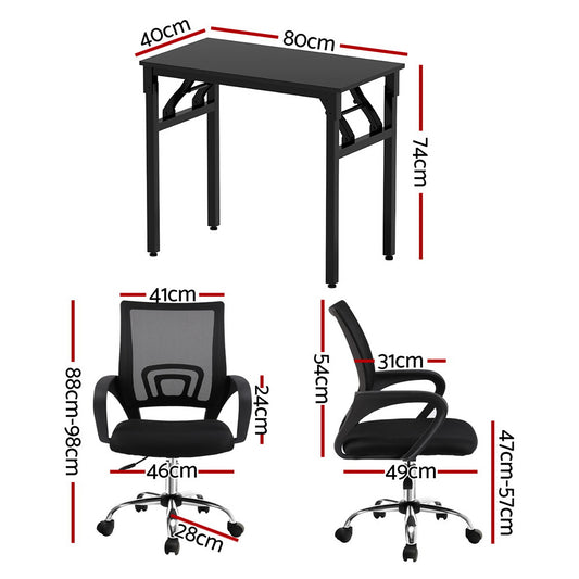 Artiss Computer Desk Mesh Office Chair Set Foldable Home Study Table Black MET-DESK-FD-80-2004-BK