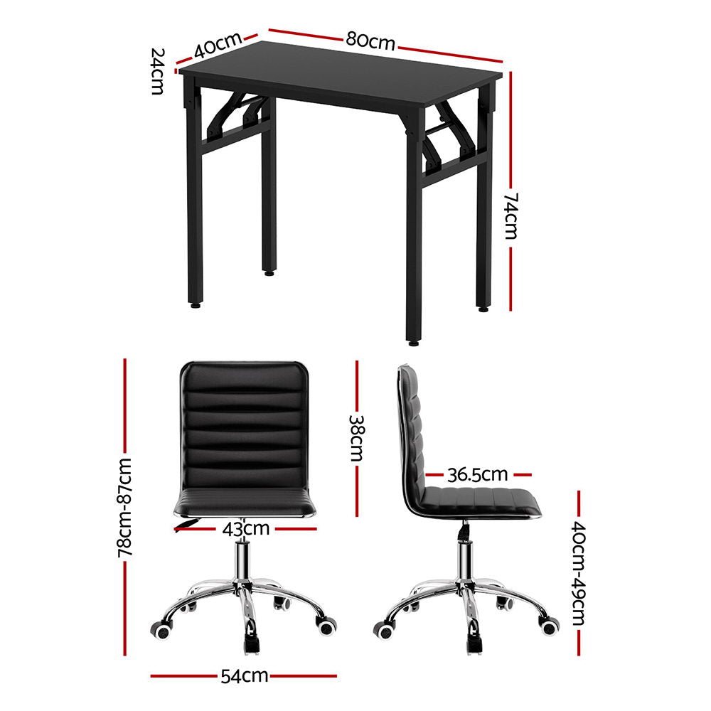 Artiss Computer Desk Office Chair PU Leather Set Foldable Home Study Table Black MET-DESK-FD-80-REPL-BK