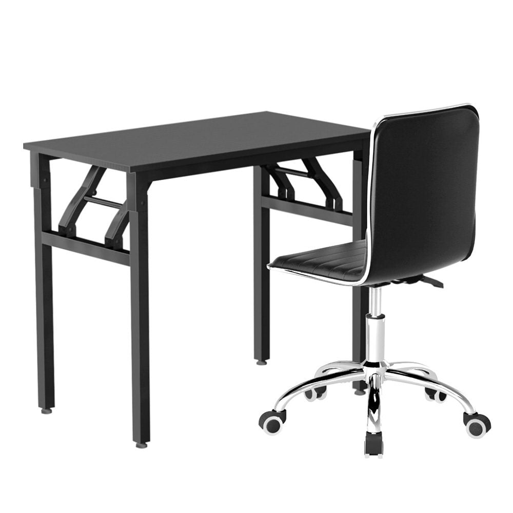 Artiss Computer Desk Office Chair PU Leather Set Foldable Home Study Table Black MET-DESK-FD-80-REPL-BK