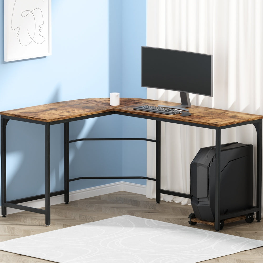 Artiss Computer Desk L-Shape CPU Stand Brown 147CM MET-DESK-L-003-BR