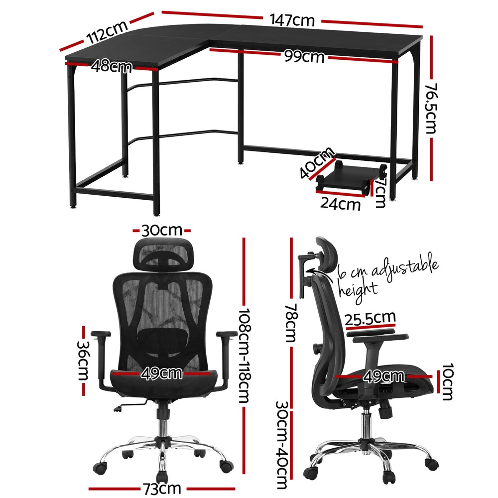 Artiss Computer Desk L-Shape Corner Desks Ergonomic Office Chair Mesh Chairs MET-DESK-L-003-FZ20-BK